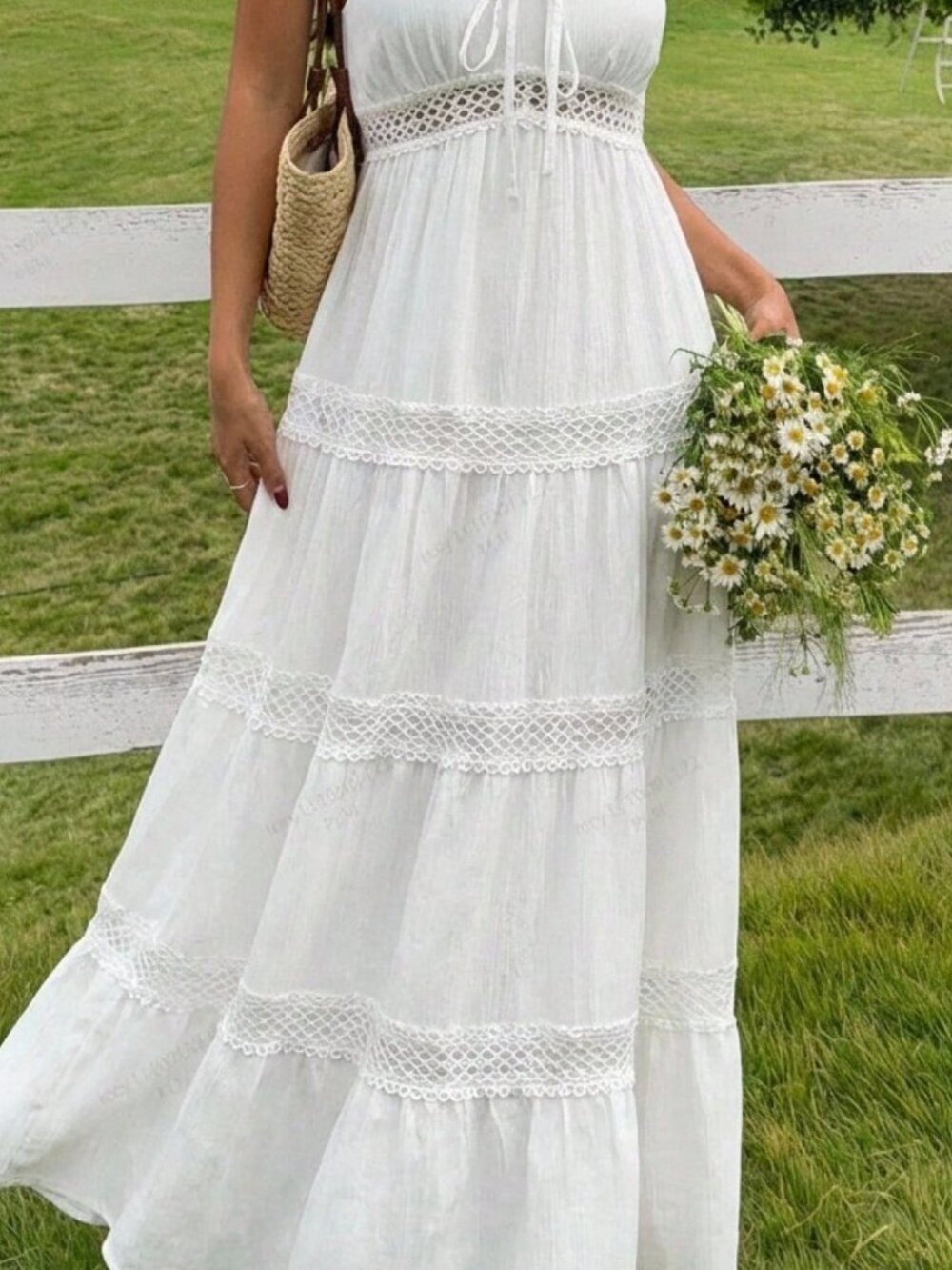 White Casual Women's Music Festival Dress Woven Spaghetti Strap Vacation Dress - Picture 7 of 8